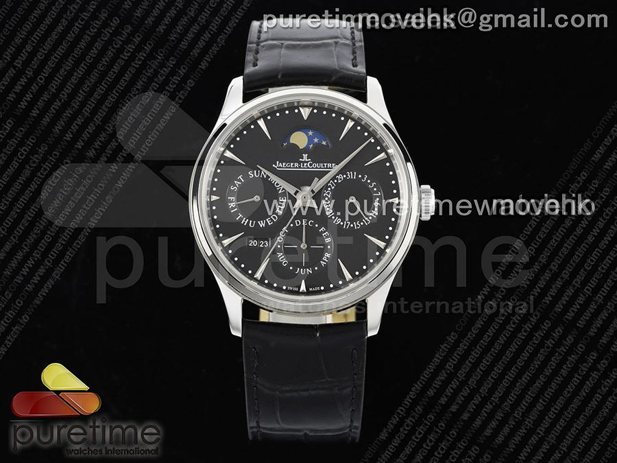 예거르꿀뜨르 마스터 울트라 신 퍼페츄얼 칼렌더 블랙 다이얼 | Master Ultra Thin Perpetual Calendar SS V9F 1:1 Best Edition Black Dial on Black Leather Strap A868 V2