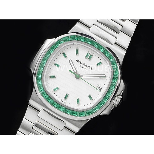 파텍필립 노틸러스 5711 그린 다이아몬드 베젤 화이트 다이얼 |  Nautilus 5711 SS GRF 1:1 Best Edition White Dial Green Diamonds Bezel on SS Bracelet 324CS