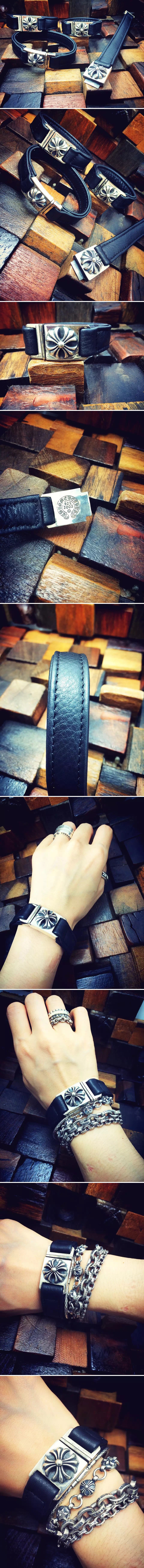 크롬하츠 2022 스텔링 실버 가죽 팔찌 AC453