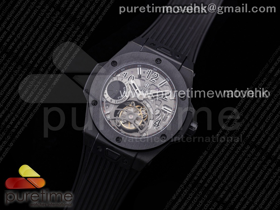 휴블럿 빅뱅 투어빌론 킹 45mm PVD 블랙 스켈레톤 다이얼 | Big Bang Tourbillon King 45mm PVD MJF Best Edition Skeleton Dial on Black Rubber Strap
