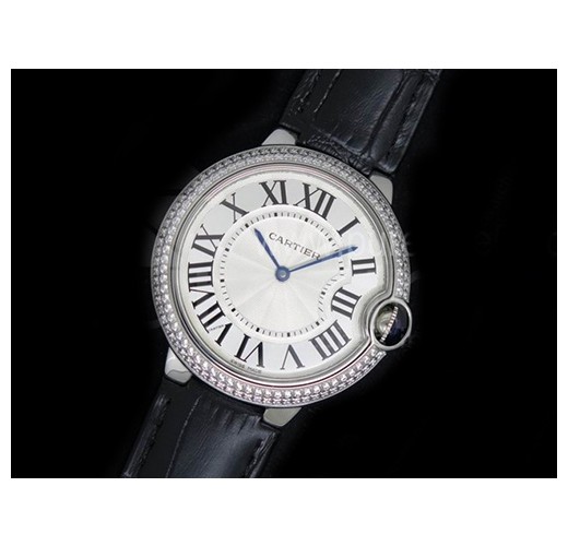 까르띠에 발롱블루 42mm 다이아몬드 베젤  실버 다이얼, 블랙가죽스트랩, 홍콩명품남자시계, CARTIER