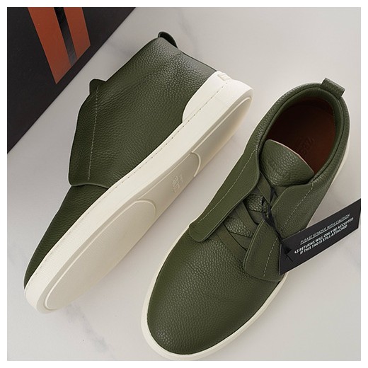 [홍콩명품.ZEGNA] 제냐 24SS 로고 Triple Stitch 레더 가죽 하이탑 스니커즈 운동화 (카키), SE3853, S2, 명품스니커즈,운동화,구두,로퍼,하이탑,신발
