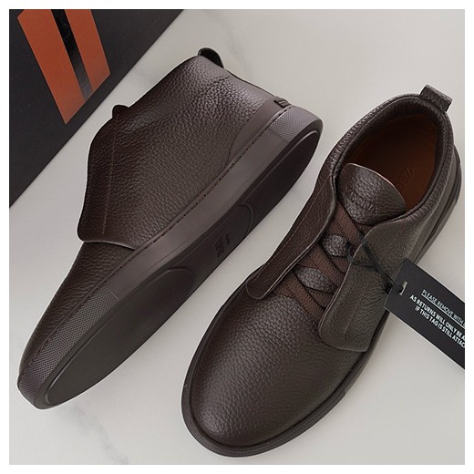 [홍콩명품.ZEGNA] 제냐 24SS 로고 Triple Stitch 레더 가죽 하이탑 스니커즈 운동화 (다크브라운), SE3854, S2, 명품스니커즈,운동화,구두,로퍼,하이탑,신발