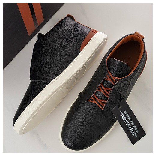 [홍콩명품.ZEGNA] 제냐 24SS 로고 Triple Stitch 레더 가죽 하이탑 스니커즈 운동화 (블랙), SE3855, S2, 명품스니커즈,운동화,구두,로퍼,하이탑,신발