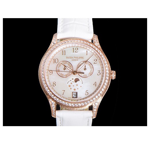 [홍콩명품시계.PATEK PHILIPPE] 파텍필립 제네바 로즈골드 다이아  화이트 다이얼 38MM, 화이트 가죽 밴드