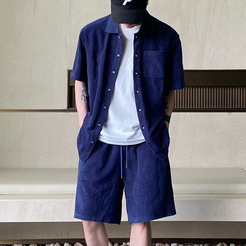 [홍콩명품.LOUIS VUITTON] 루이비통 25SS 로고 다미에 카라 버튼 오픈 반팔 티셔츠 + 쇼츠 반바지 상하의 세트 (네이비), BM19926, KK, 홍콩명품의류,구매대행,온라인명품