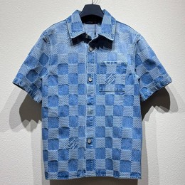 [홍콩명품.LOUIS VUITTON] 루이비통 25SS 로고 다미에 데님 반팔 남방 셔츠 + 데님 쇼츠 반바지 상하의 세트, BM20735, KB, 홍콩명품의류,구매대행,온라인명품