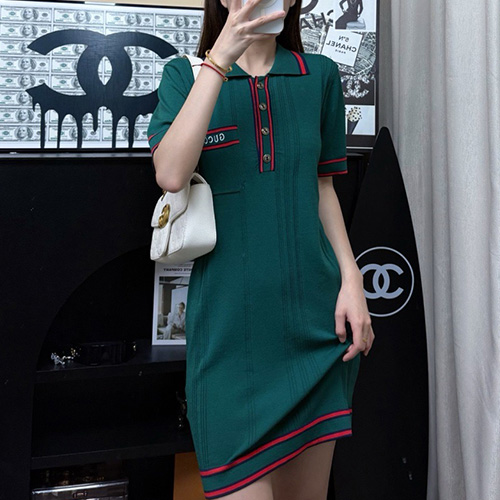 [명품레플리카.Gucci] 구찌 25SS 로고 여성 니트 카라 반팔 원피스 (그린), BM20868, TBG, 홍콩명품의류,구매대행,온라인명품