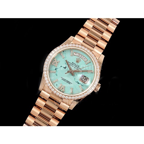 [홍콩명품. ROLEX] 로렉스 롤렉스 데이데이트 36mm 로즈골드 다이아몬드 베젤 Turquoise 다이얼