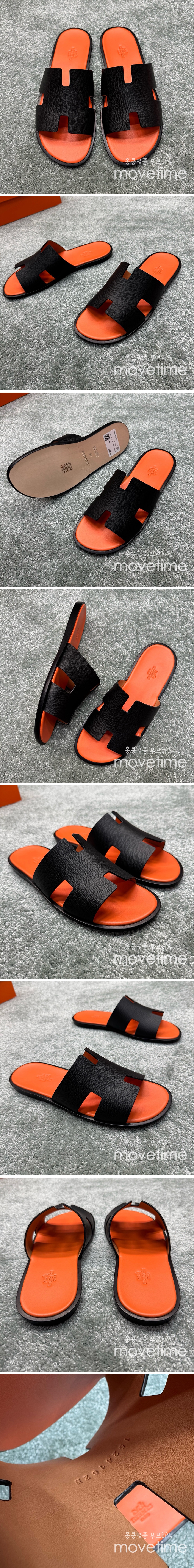 [홍콩명품.Hermes] 에르메스 25SS 로고 이즈미르 레더 가죽 슬리퍼 (블랙-오렌지), SE5233, GHS, 명품스니커즈,운동화,구두,로퍼,하이탑,신발