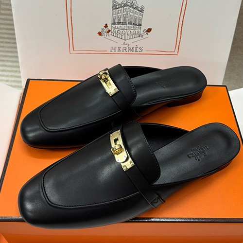 [홍콩명품.Hermes] 에르메스 25SS 로고 여성 KELLY 레더 가죽 뮬 슬리퍼 (블랙-금장), SE5322, H3, 명품스니커즈,운동화,구두,로퍼,하이탑,신발
