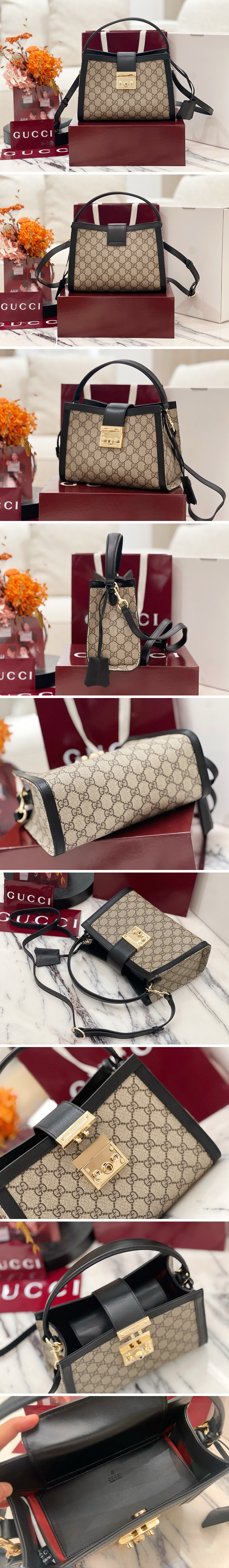 [홍콩명품.Gucci] 구찌 25SS 로고 패드록 미디엄 탑 핸들 핸드백 베이지 블랙 GG 패브릭 838992, BGM5039, GU2, 홍콩명품가방,명품쇼핑몰,크로스백,핸드백,구매대행