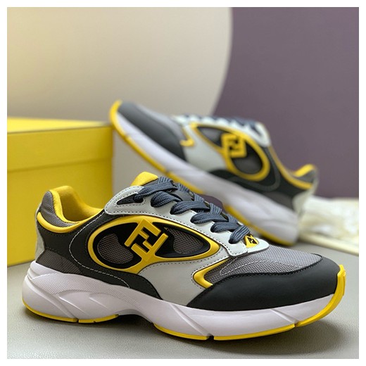 [홍콩명품,FENDI] 펜디 25SS 로고 남여 레더 가죽 스니커즈 운동화 (그레이-노랑), SE5483, PMD, 명품스니커즈,운동화,구두,로퍼,하이탑,신발