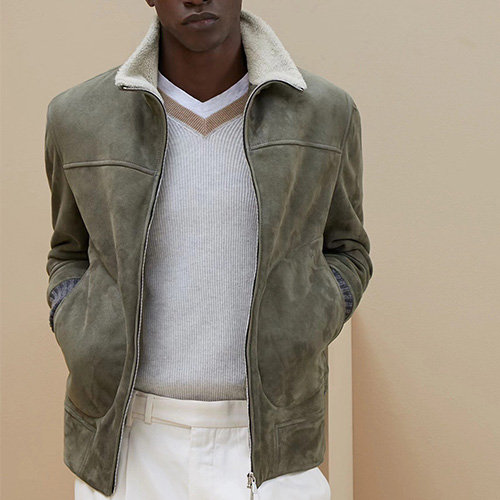 [홍콩명품.Brunello Cucinelli ] 브루넬로 쿠치넬리 25SS 로고 레더 가죽 시어링 봄버 자켓 (카키), BM22591, TOM, 레플리카의류,미러급사이트
