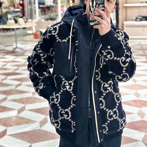 [홍콩명품.Gucci] 구찌 25SS 로고 GG수프림 플리스 솜패딩 후드 집업 자켓 (네이비), BM22603, JL, 레플리카의류,미러급사이트