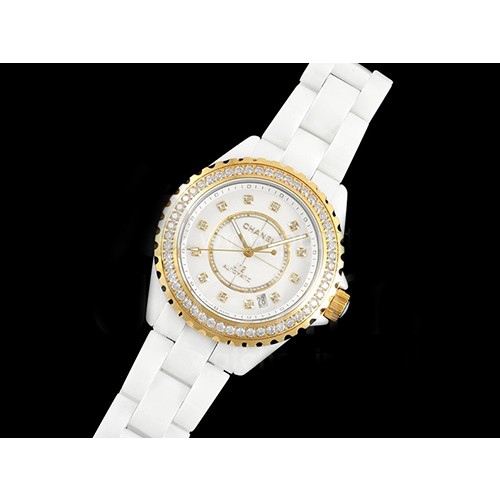 [홍콩명품.CHANEL] 샤넬 J13 38mm 옐로우골드 다이아몬드 베젤 화이트 세라믹 화이트 다이얼