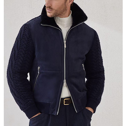 [홍콩명품.Brunello Cucinelli ] 브루넬로 쿠치넬리 25SS 로고 레더 가죽 레이어드 봄버 자켓 (네이비), BM22797, TOM, 레플리카의류,미러급사이트