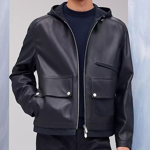 [홍콩명품.Hermes] 에르메스 25SS 로고 레더 가죽 리버서블 후드 자켓 (블랙-블루), BM23715, TOM, 레플리카의류,미러급사이트