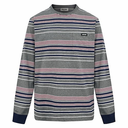 [홍콩명품,MIU MIU] 미우미우 25SS 로고 스트라이프 긴팔 티셔츠 (그레이), BM23877, JL, 레플리카의류,미러급사이트
