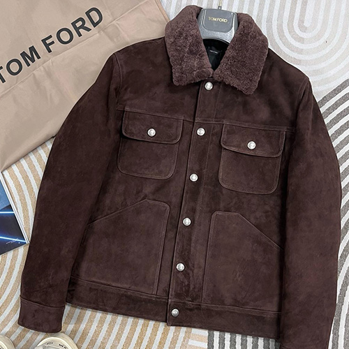 [홍콩명품.TOM FORD] 톰포드 25SS 로고 시어링 레더 가죽 패딩자켓 (브라운), BM23980, KSM, 레플리카의류,미러급사이트