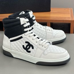 [홍콩명품.CHANEL] 샤넬 25SS 로고 레더 가죽 하이탑 스니커즈 운동화 (화이트-블랙), SE5965, S3, 명품스니커즈,운동화,구두,로퍼,하이탑,신발