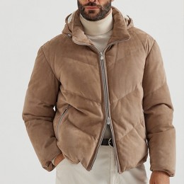 [홍콩명품.Brunello Cucinelli ] 브루넬로 쿠치넬리 25SS 로고 레더 가죽 레더 가죽 후드 구스다운 패딩 자켓 (베이지), BM24108, PG, 레플리카의류,미러급사이트