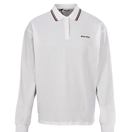 [홍콩명품,MIU MIU] 미우미우 25SS 로고 자수 카라 폴로 긴팔 티셔츠 (화이트), BM24113, KB, 레플리카의류,미러급사이트