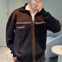 [홍콩명품,MIU MIU] 미우미우 25SS 로고 카라 집업 자켓 (네이비-브라운), BM24239, KK, 레플리카의류,미러급사이트