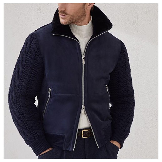 [홍콩명품.Brunello Cucinelli ] 브루넬로 쿠치넬리 26SS 로고 하이넥 레더 가죽 캐시미어 레이어드 봄버 자켓 (네이비), BM24336, TOM, 레플리카의류,미러급사이트