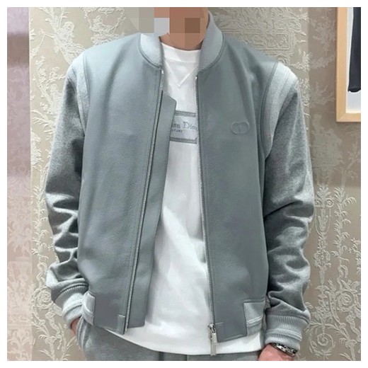 [홍콩명품,Christian Dior] 디올 26SS 로고 레더 가죽 캐시미어 레이어드 바시티 자켓 (그레이), BM24901, TOM, 레플리카의류,미러급사이트
