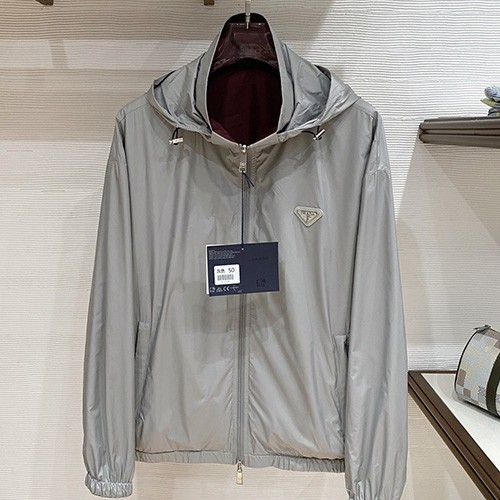 [홍콩명품,PRADA] 프라다 26SS 삼각로고 리버서블 후드 윈드브레이커 자켓 (그레이-와인), BM25229, BR, 무료배송