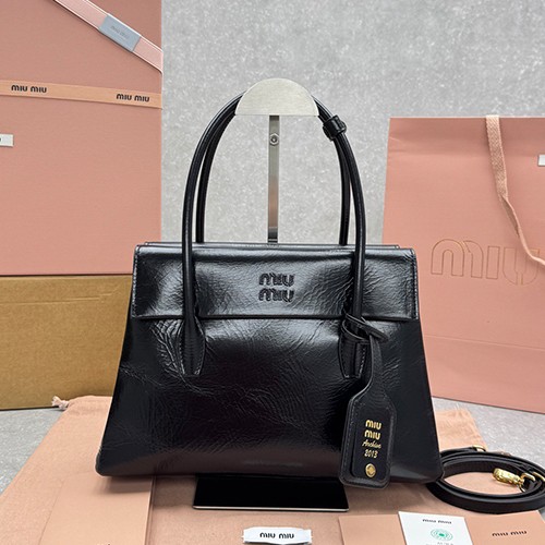 [홍콩명품,MIU MIU] 미우미우 26SS 로고 레더 가죽 스몰 토트백 핸드백 (블랙), BGM5724, BDA, 무료배송