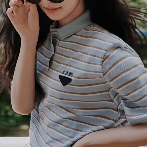 프라다 삼각로고 여성 스트라이프 카라 폴로 반팔 티셔츠 (스카이블루) 26SS