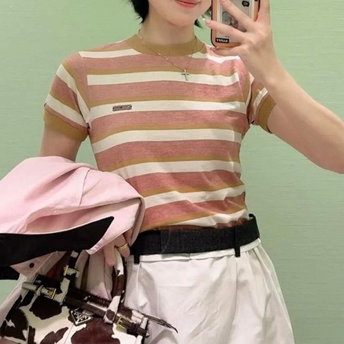 프라다 로고 여성 스트라이프 반팔 티셔츠 (핑크) 26SS