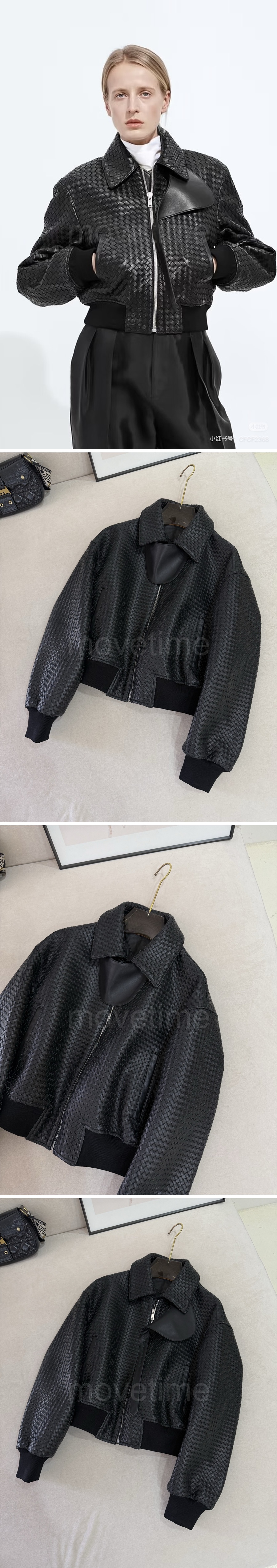보테가베네타 로고 여성 인트레치아토 카라 레더 가죽 봄버 자켓 (블랙) 26SS 상세이미지 2
