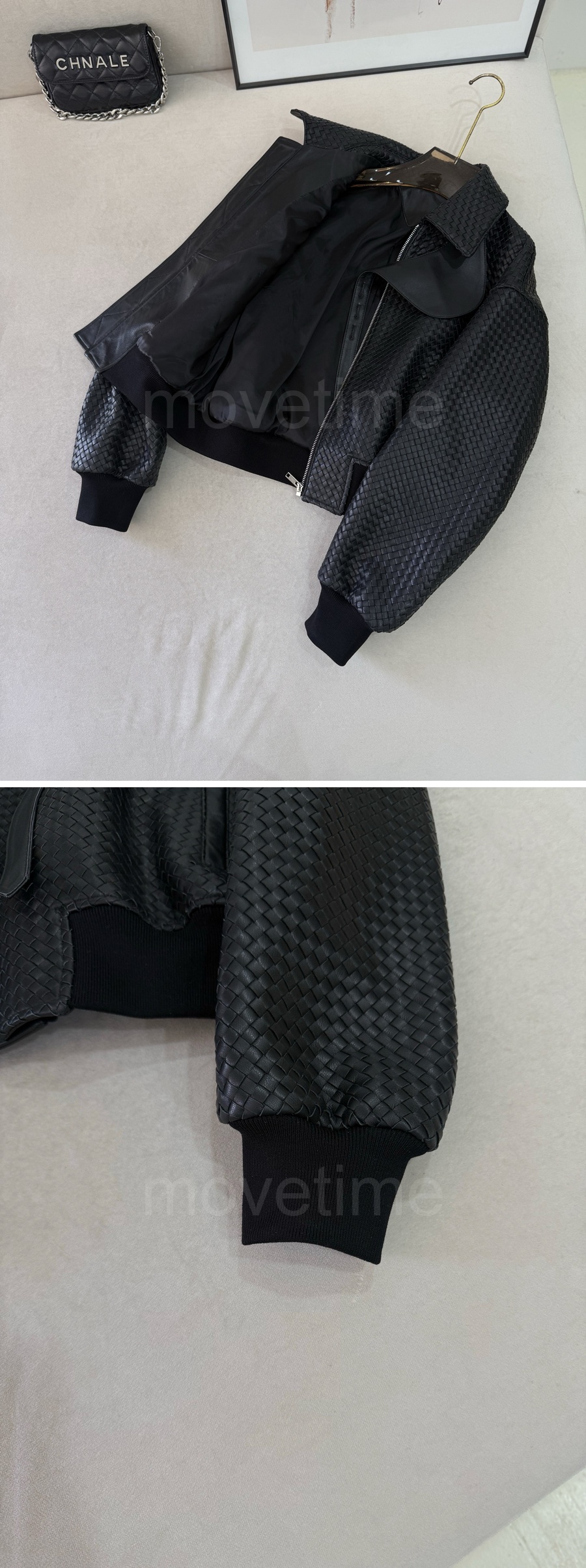 보테가베네타 로고 여성 인트레치아토 카라 레더 가죽 봄버 자켓 (블랙) 26SS 상세이미지 4