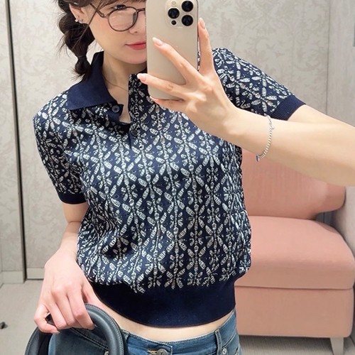 디올 로고 패턴 여성 니트 카라 반팔 티셔츠 (네이비) 26SS