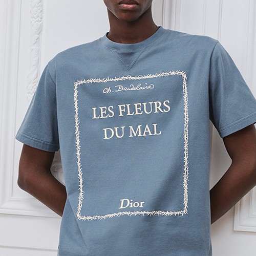 디올 로고 Les Fleurs du Mal 자수 반팔 티셔츠 (블루) 26SS