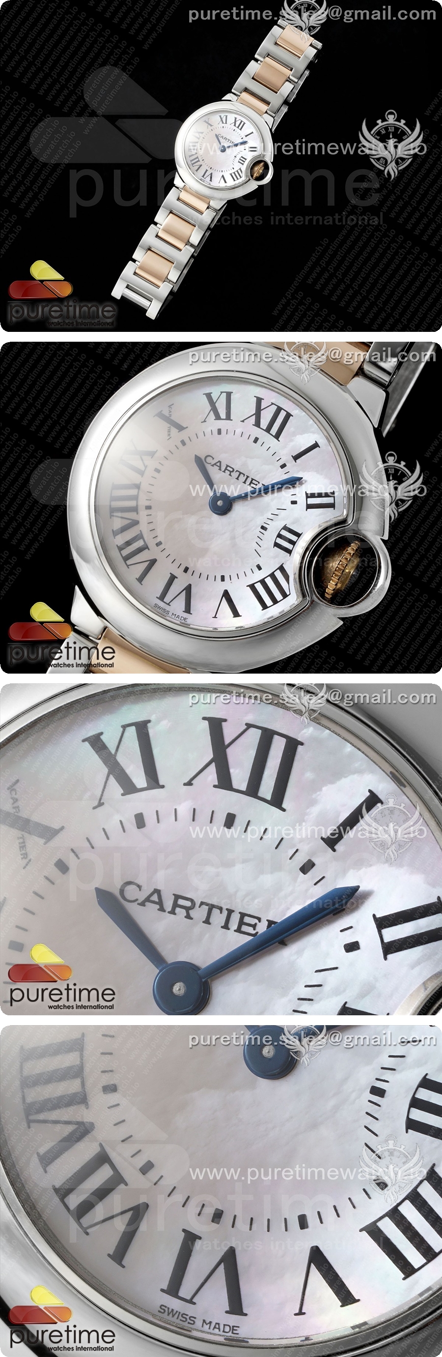 까르띠에 발롱 블루 28mm AF 1:1 베스트 에디션 화이트 자개 다이얼, 스테인리스 스틸/로즈골드 브레이슬릿, 론다 쿼츠 시계 상세이미지 2