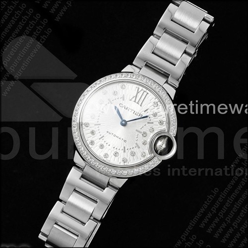 까르띠에 발롱 블루 33mm AF 1:1 베스트 에디션 실버 텍스처 다이얼 다이아몬드 베젤 스테인리스 스틸 브레이슬릿 론다 쿼츠 시계