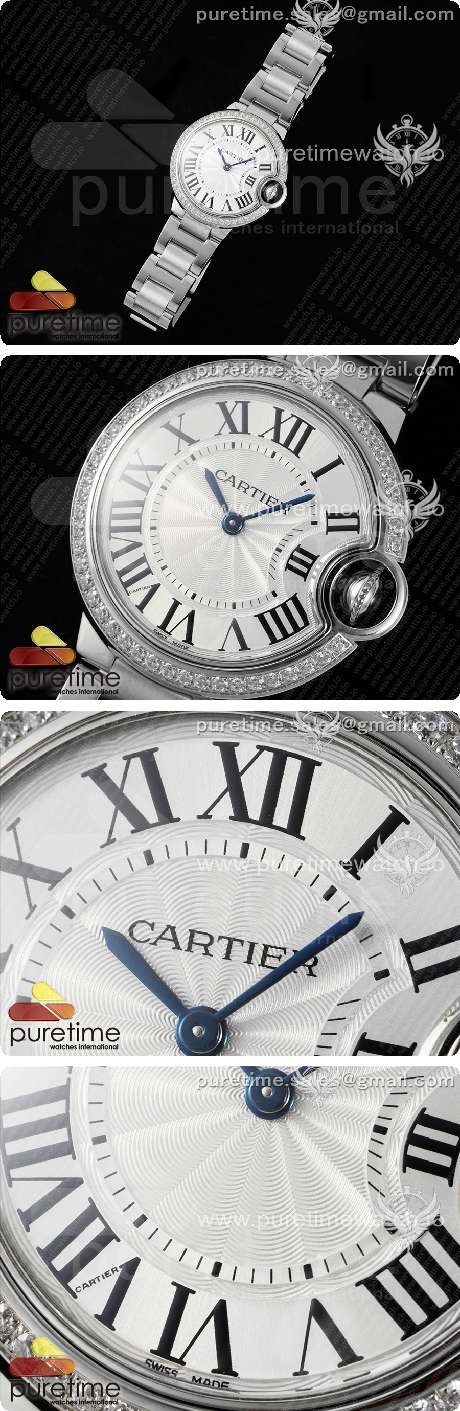 까르띠에 발롱 블루 33mm AF 1:1 베스트 에디션 화이트 다이얼 다이아몬드 베젤 스테인리스 스틸 브레이슬릿 론다 쿼츠 시계 상세이미지 2