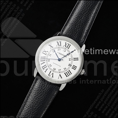 까르띠에 론드 솔로 42mm 스테인리스 스틸 AF 1:1 베스트 에디션 화이트 다이얼 블랙 가죽 스트랩 미요타 9015