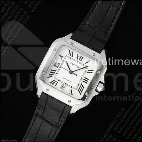 까르띠에 산토스 드 까르띠에 40mm 스테인리스 스틸 AF 1:1 베스트 에디션 화이트 다이얼 블랙 가죽 스트랩 미요타 9015
