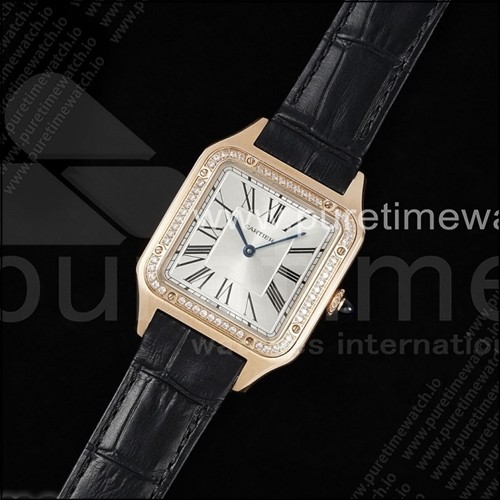 까르띠에 산토스 듀몽 31.4mm RG AF 1:1 베스트 에디션 실버 다이얼 다이아몬드 베젤 블랙 크로커다일 스트랩 A157