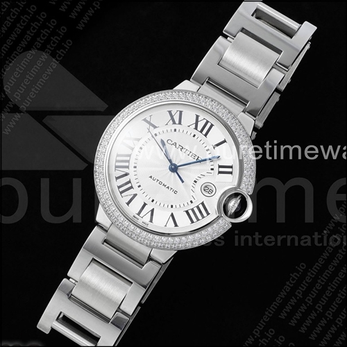 까르띠에 발롱 블루 42mm 스테인리스 스틸 CHF 1:1 베스트 에디션 화이트 텍스처 다이얼 2라인 다이아몬드 베젤 스테인리스 스틸 브레이슬릿 A2824