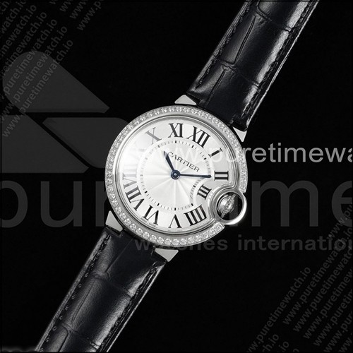 까르띠에 발롱 블루 33mm 스테인리스 스틸 AF 1:1 베스트 에디션 화이트 다이얼 다이아몬드 베젤 블랙 가죽 스트랩 론다 쿼츠 시계