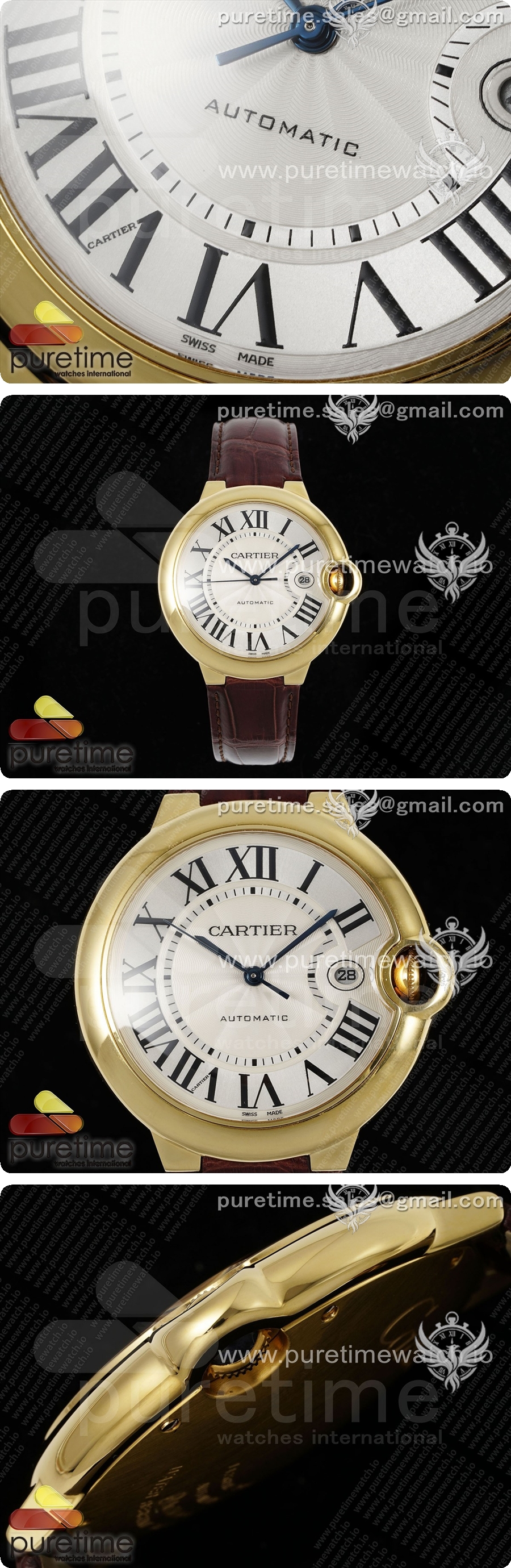 까르띠에 발롱 블루 42mm 옐로우 골드 AF 1:1 베스트 에디션 화이트 텍스처 다이얼 브라운 가죽 스트랩 A2824 V5 상세이미지 3