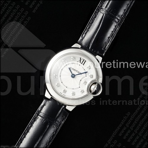 까르띠에 발롱 블루 여성용 28mm 스테인리스 스틸 AF 1:1 베스트 에디션 화이트 다이아몬드 다이얼 블랙 가죽 스트랩 론다 쿼츠 시계