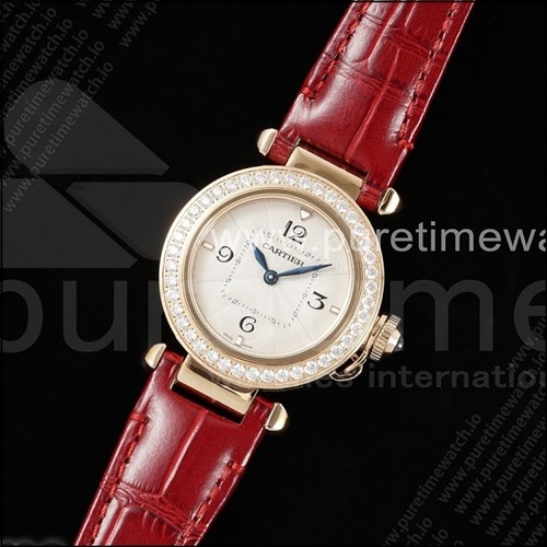 까르띠에 파샤 30mm 로즈골드  AF 1:1 베스트 에디션 화이트 텍스처 다이얼 다이아몬드 베젤 레드 가죽 스트랩 Jaq 쿼츠