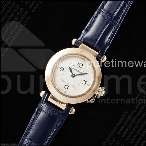 까르띠에 파샤 30mm 로즈골드 AF 1:1 베스트 에디션 화이트 텍스처 다이얼 딥 블루 가죽 스트랩 Jaq 쿼츠